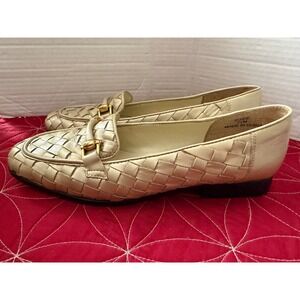 Victoria Spenser Susie Champagne Gold Woven Leather Horsebit Loafers Womens 7.5M